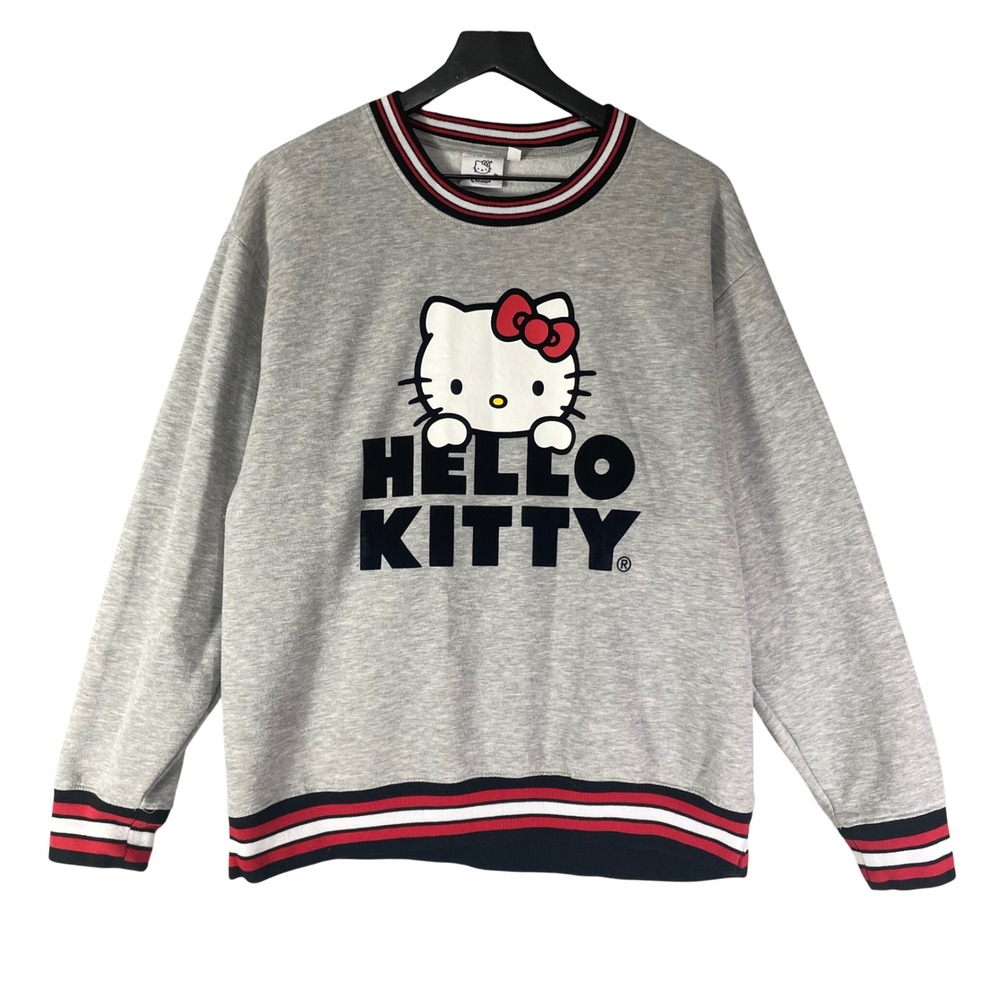 Hello Kitty Sanrio Gray Graphic Sweatshirt XL Striped‎ Trim Heather Fleece